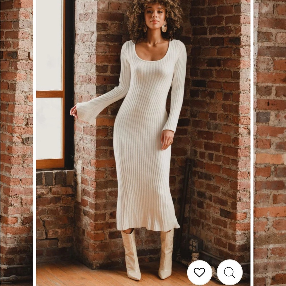 12th Tribe Cream Ribbed Knit Midi Dress